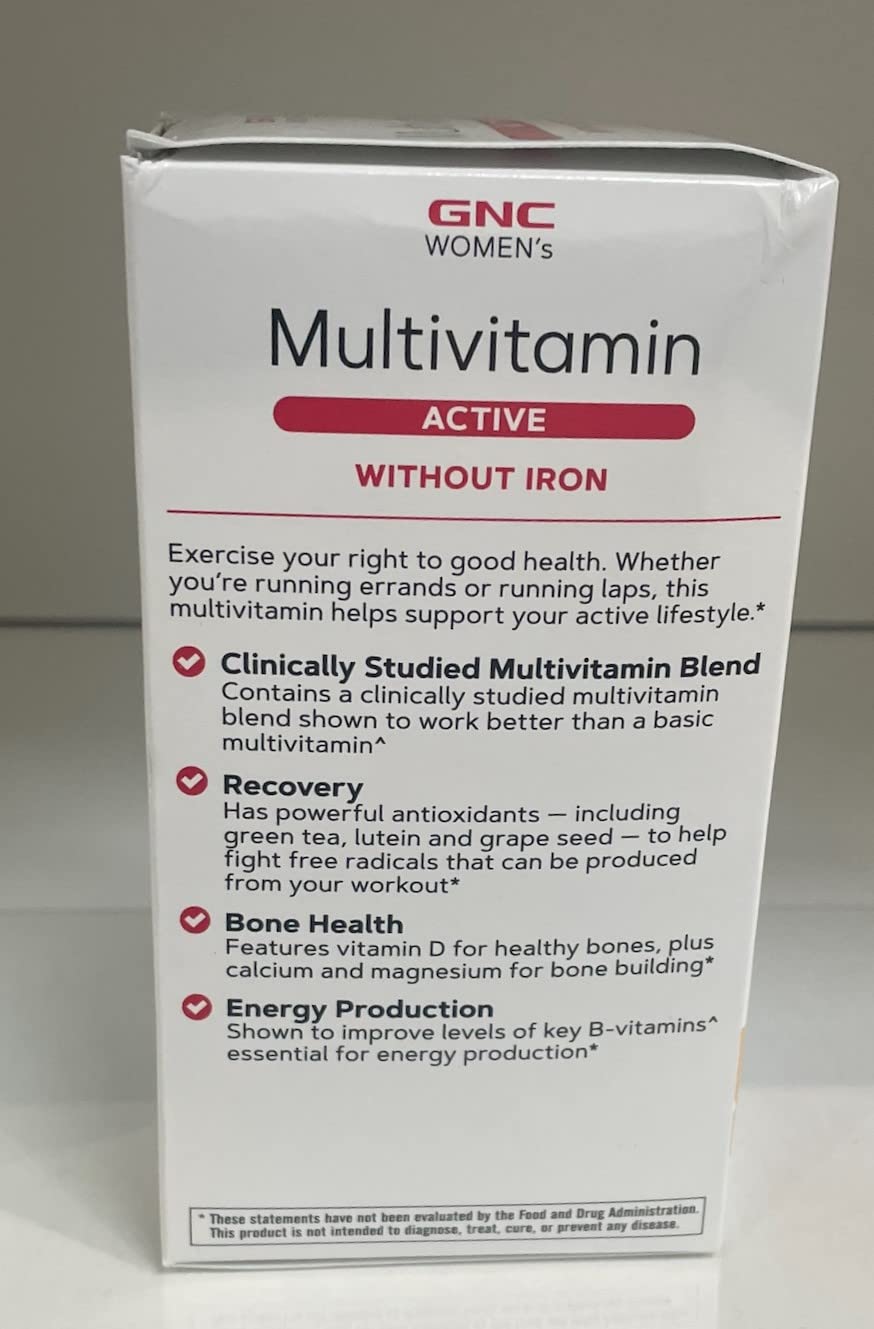 GNC Women's Active Without Iron nutrition label highlights 30+ nutrients.