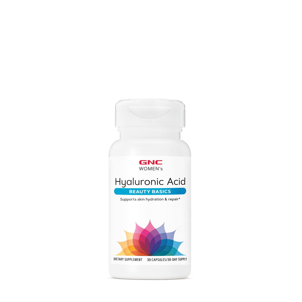 GNC Women's Hyaluronic Acid bottle front showing moisture support for skin.