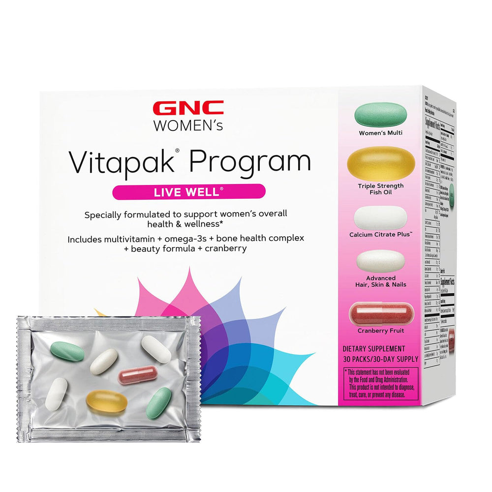 GNC Women’s Live Well Vitapak packaging shows a 5-in-1 complete nutrition box.
