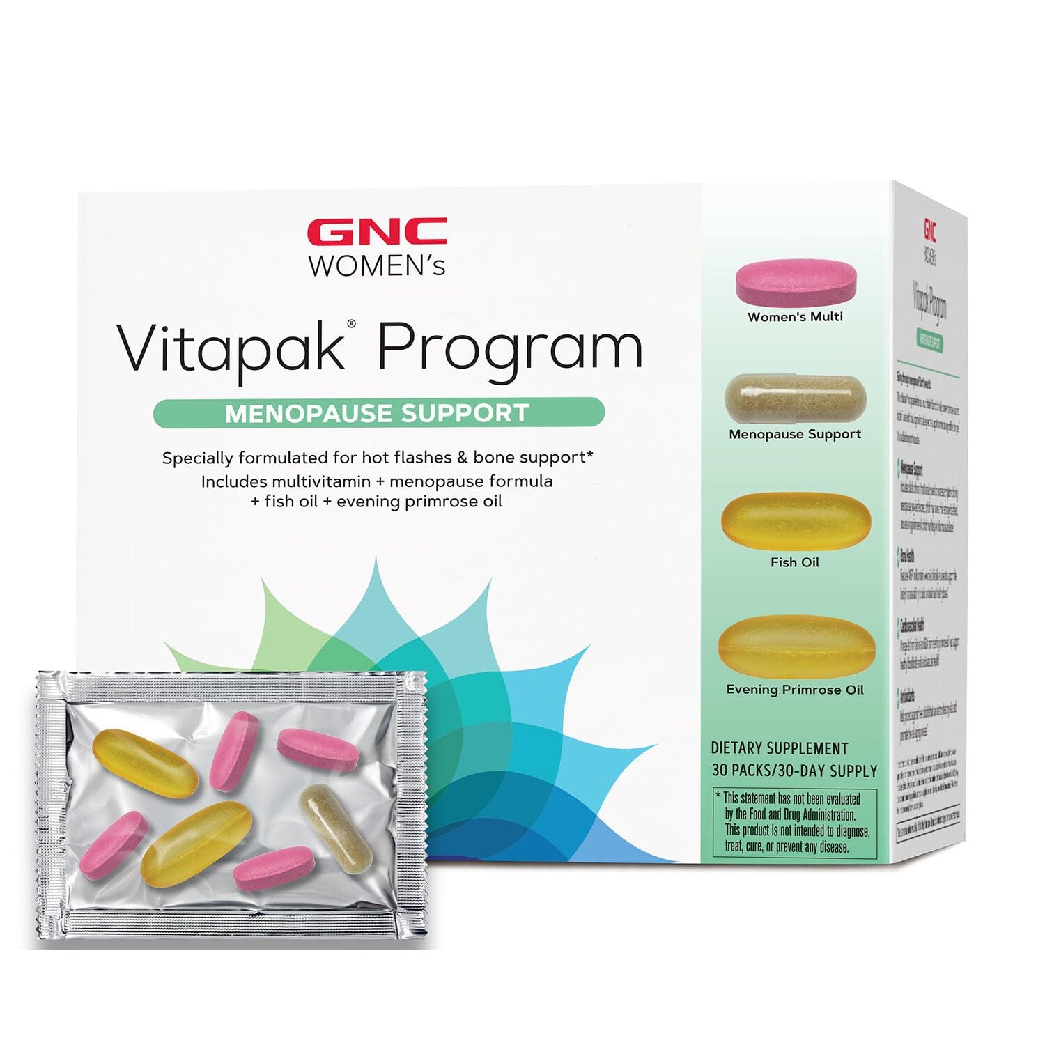 GNC Women’s Menopause Support Vitapak bottle for daily balance and hot flash support.
