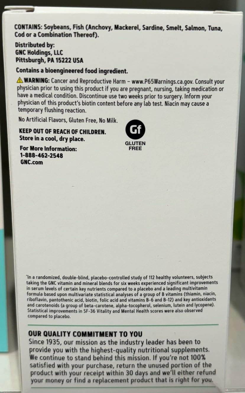GNC gluten-free and dairy-free badge on packaging.