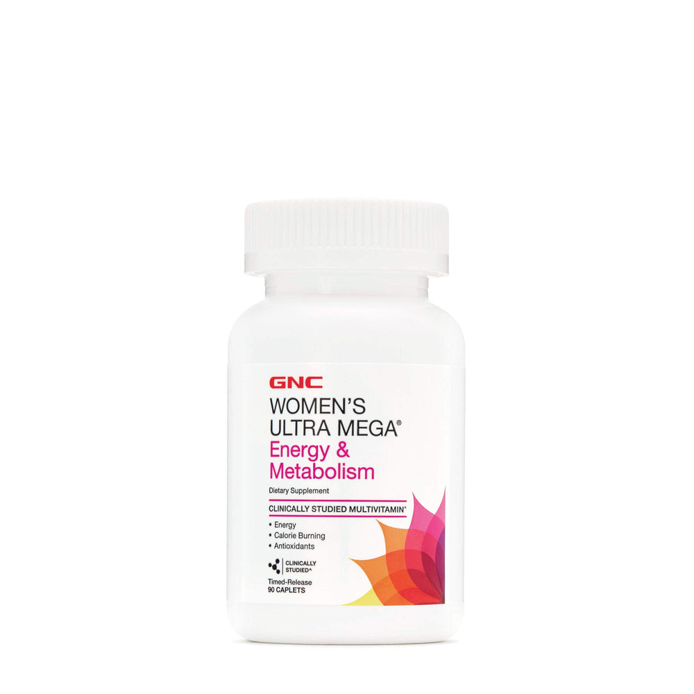 GNC Women's Ultra Mega Energy bottle label shows ingredients and key benefits for active lifestyles.