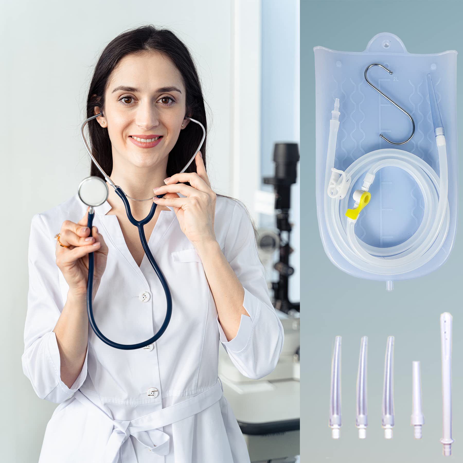 Metal hanger hook aids stable placement in the bathroom for hands-free operation
