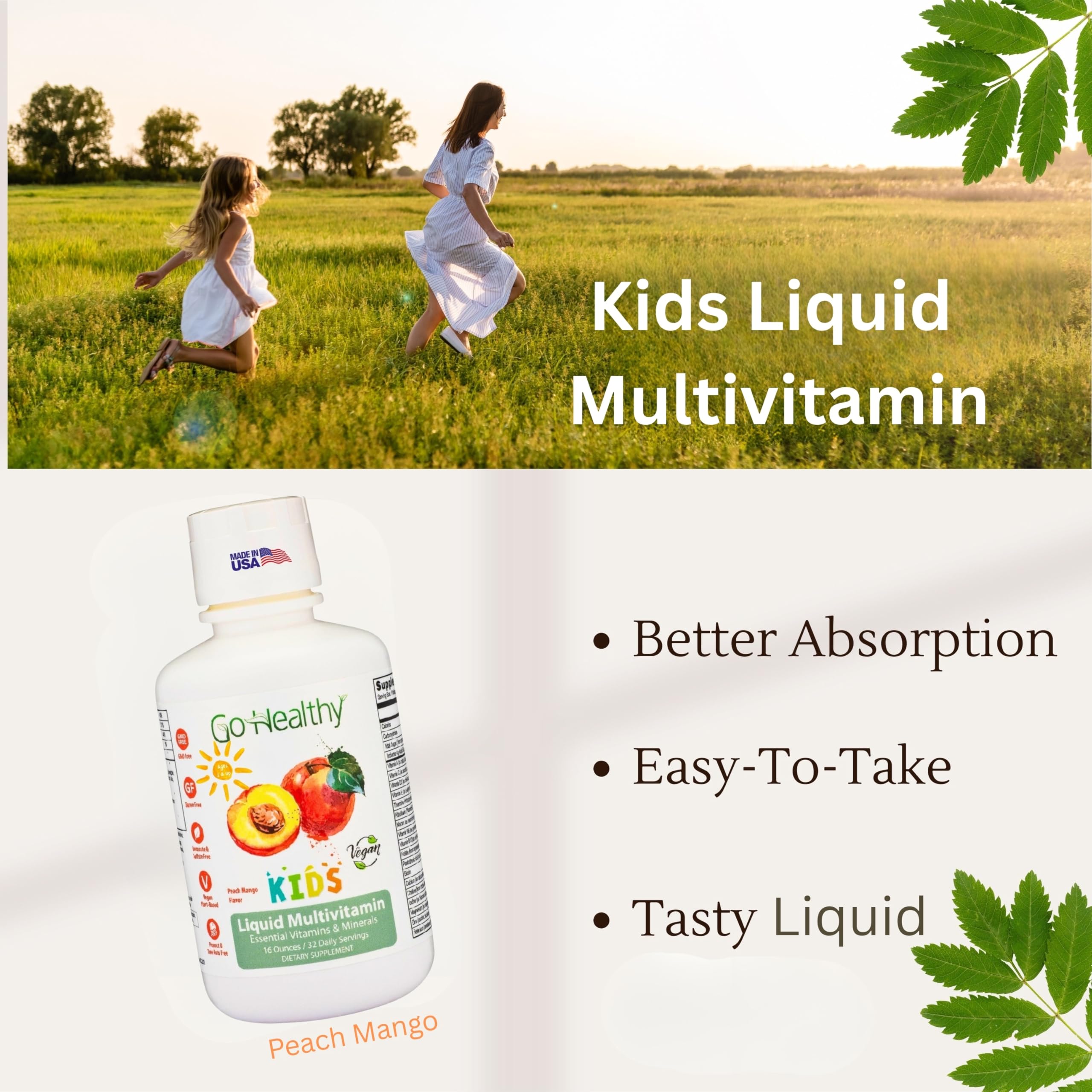 Go Healthy Kids Peach Mango label highlights folate and vegan vitamins