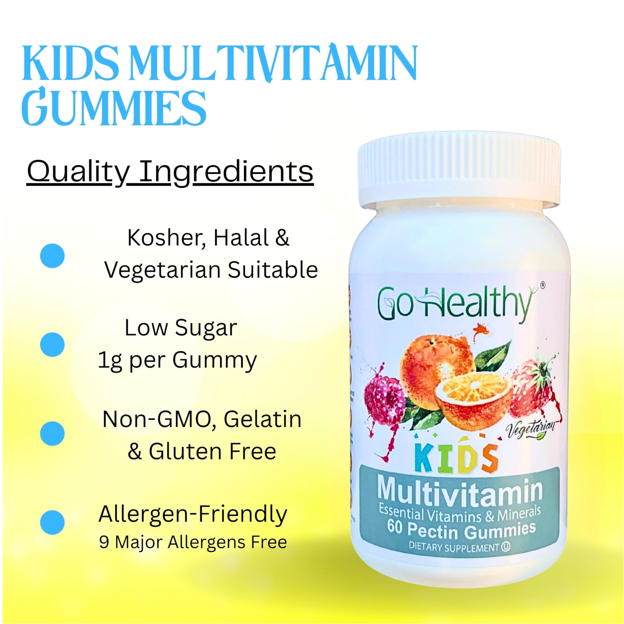 Go Healthy Natural Kids Multivitamin Gummies bottle back with nutrition details