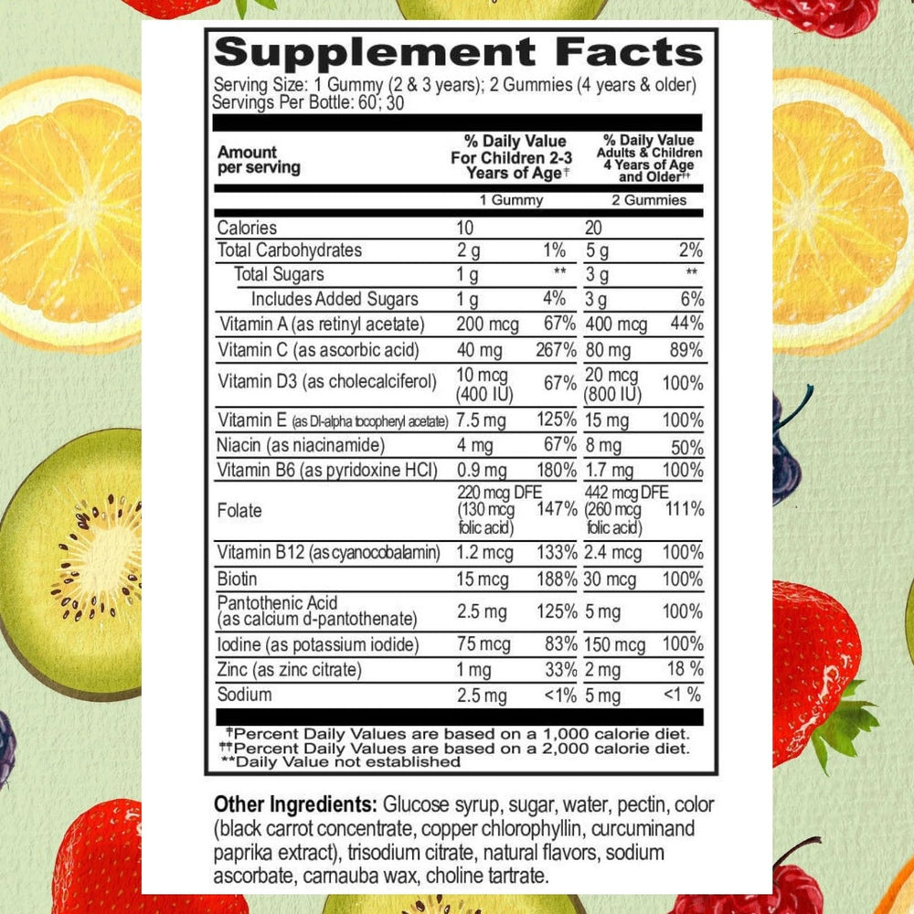 Nutrition label of Go Healthy Natural Kids Multivitamin Gummies shows vitamins and minerals