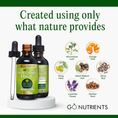 Go Nutrients Intestinal Edge label closeup emphasizes organic, non-GMO formulation