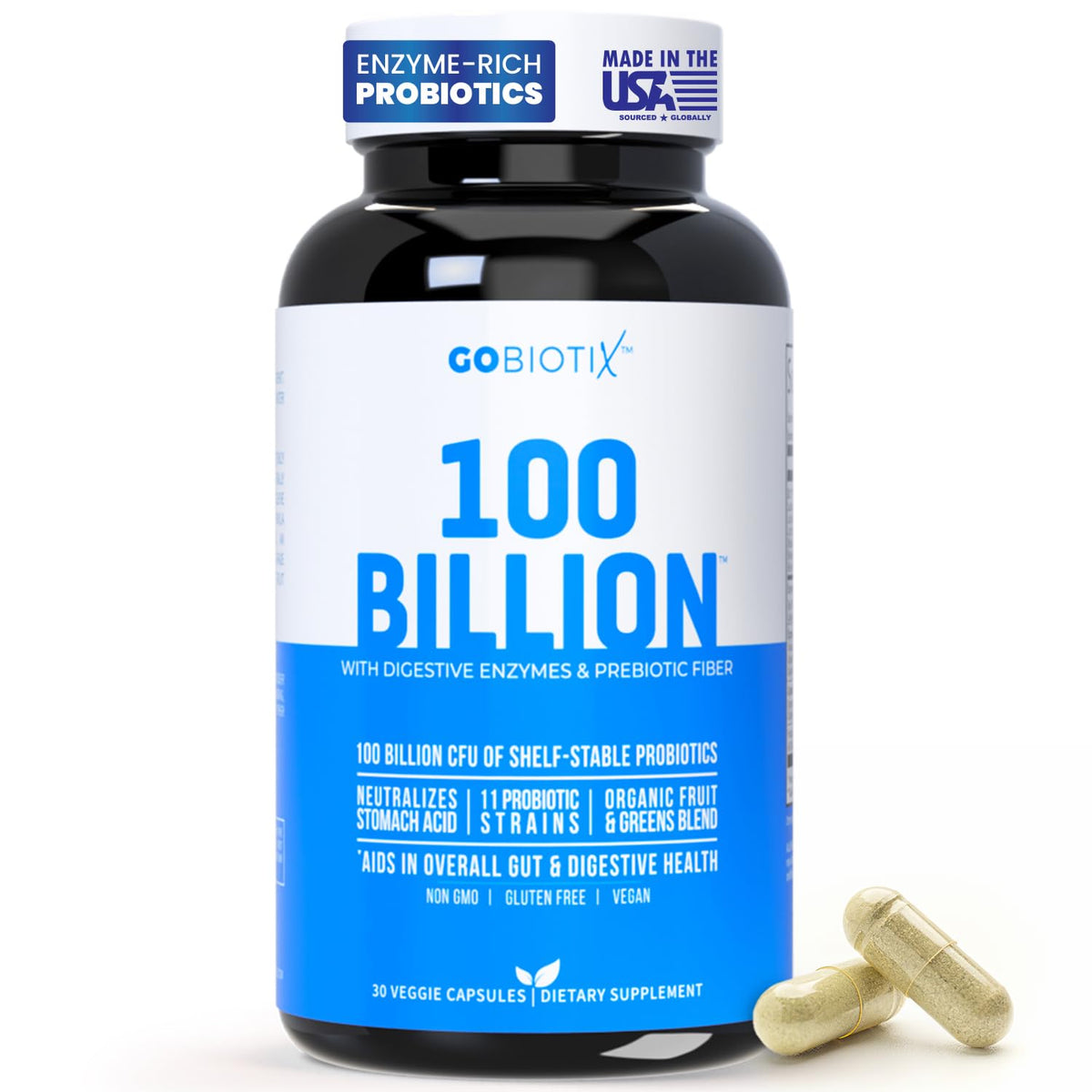 GOBIOTIX 100Billion probiotic capsules for digestive support and balanced gut flora.
