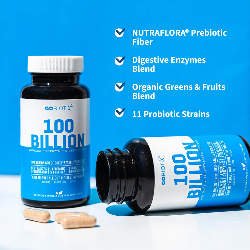 GOBIOTIX Capsules bottle shown as vegan, non-GMO digestive health support.