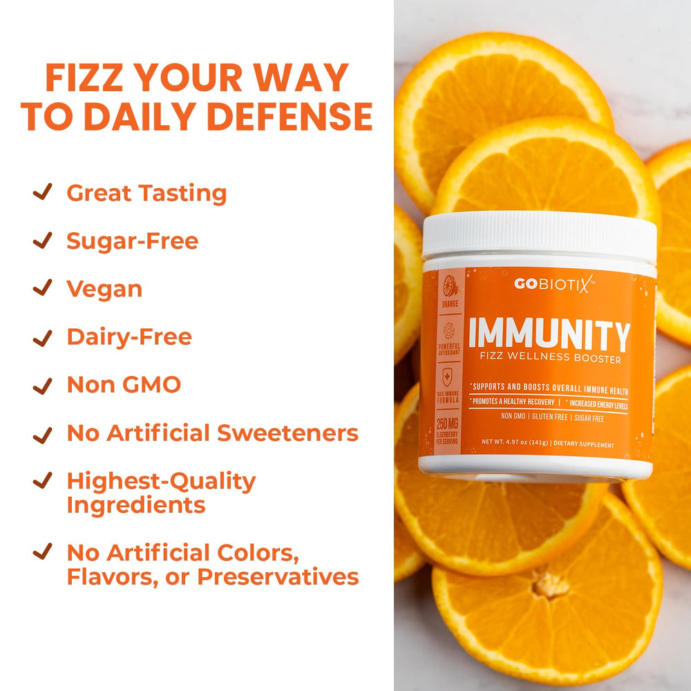 GOBIOTIX Dissolve-Mix-Pour in glass demonstrates easy immunity drink.
