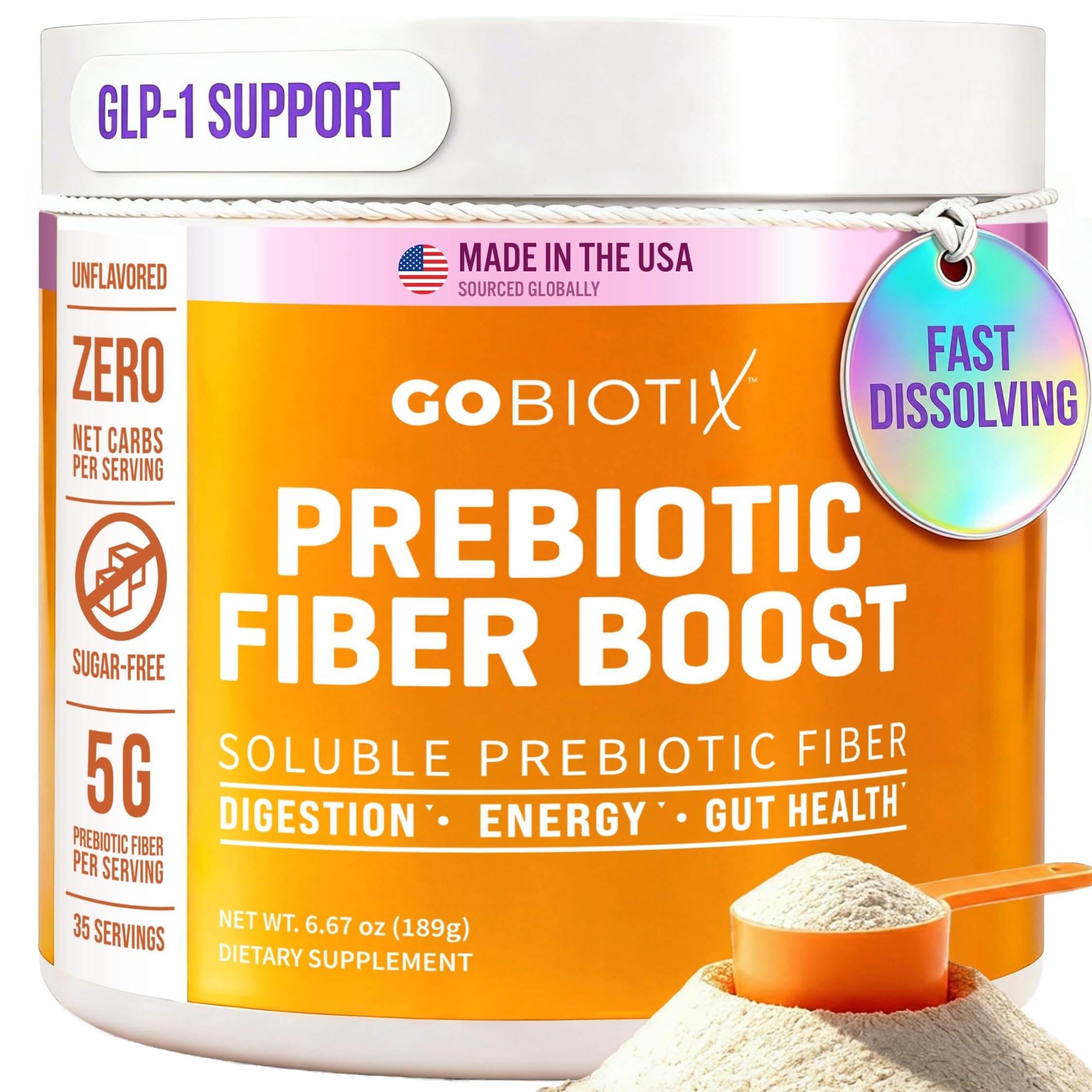 GOBIOTIX fiber supplement powder tub front for daily gut support.
