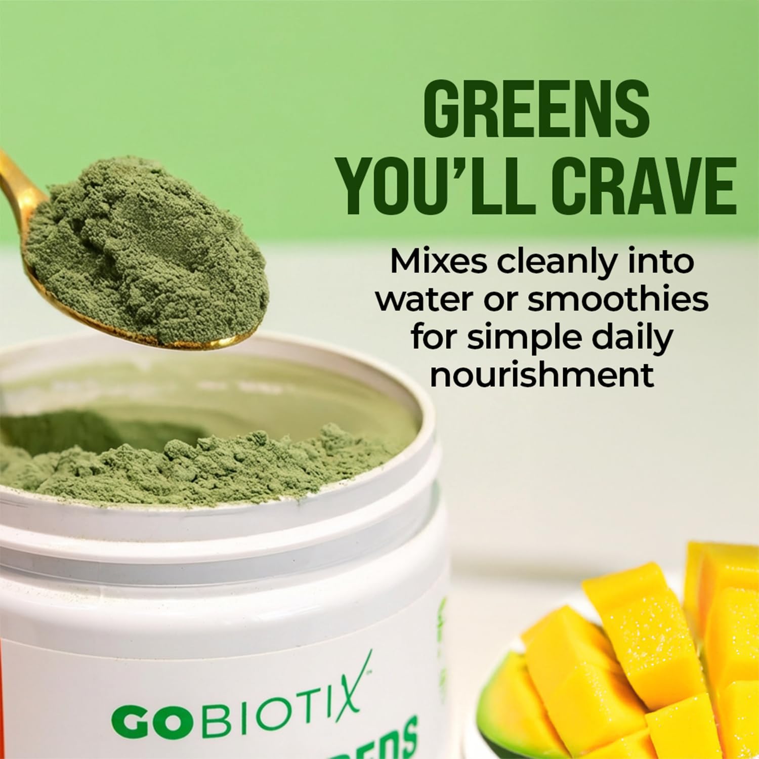 GOBIOTIX Greens Powder label close-up highlighting clean ingredients