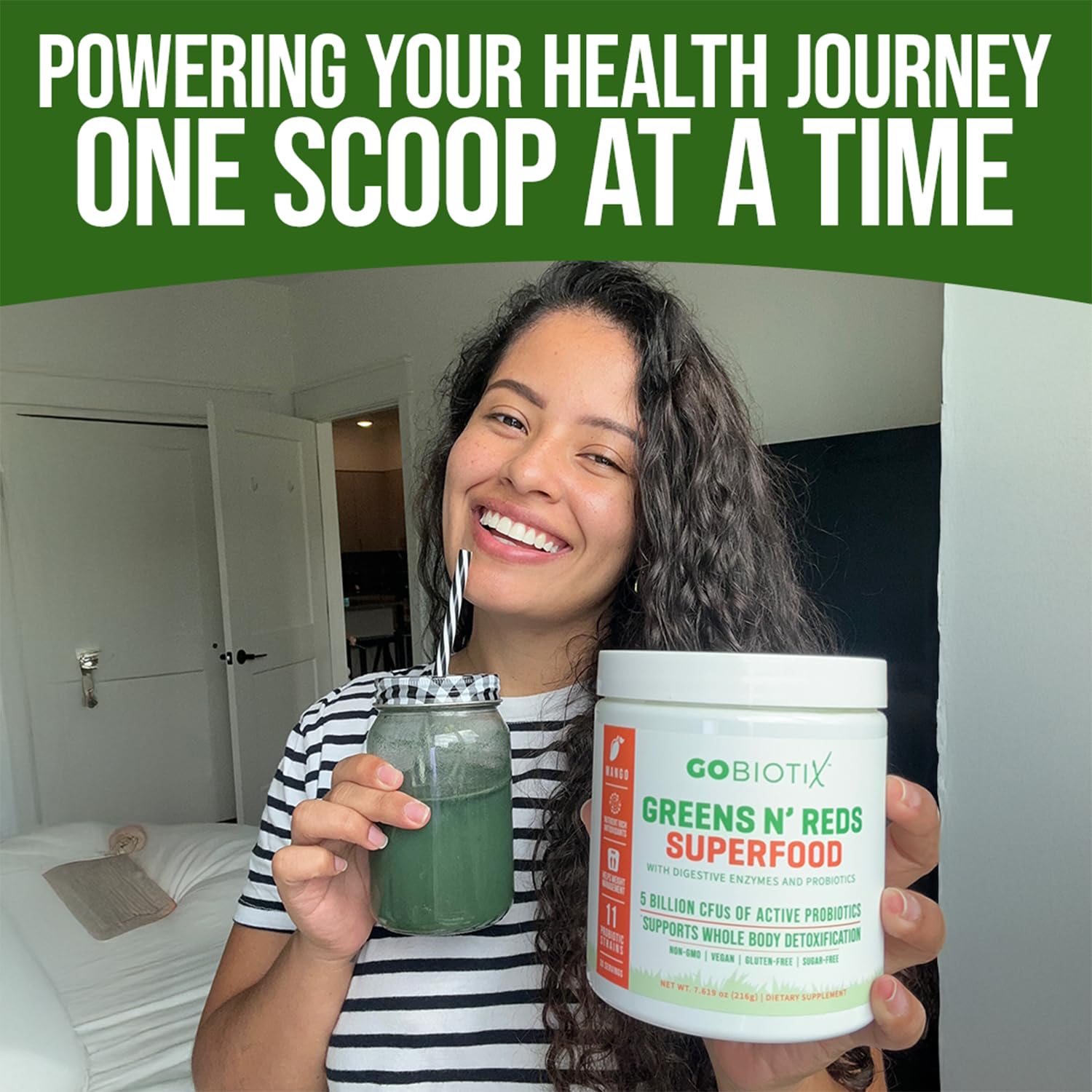 GOBIOTIX Greens Powder mango drink in a glass for a fruity daily option