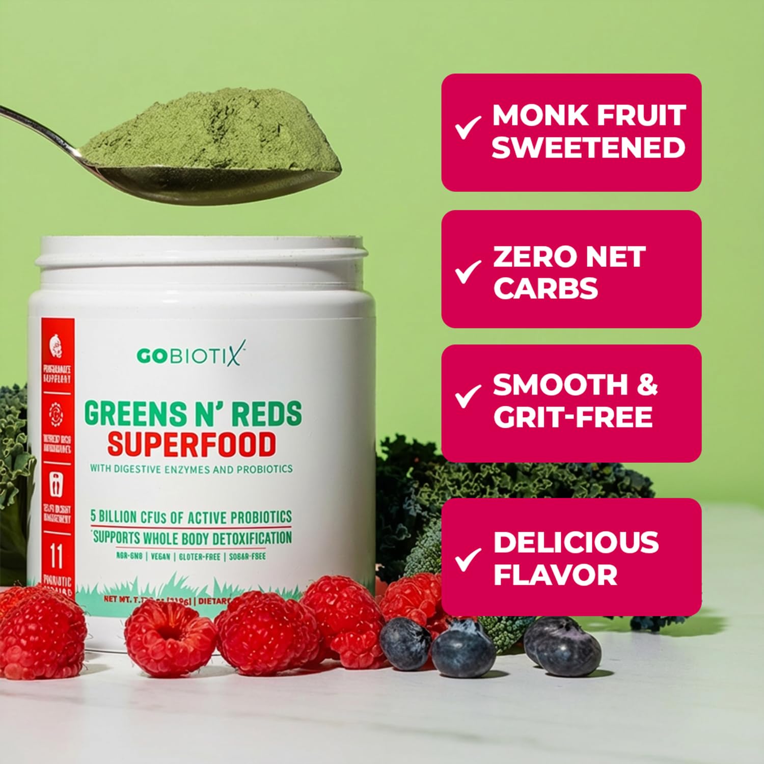 GOBIOTIX Greens Powder mixed drink glass reveals smooth fruity flavor.