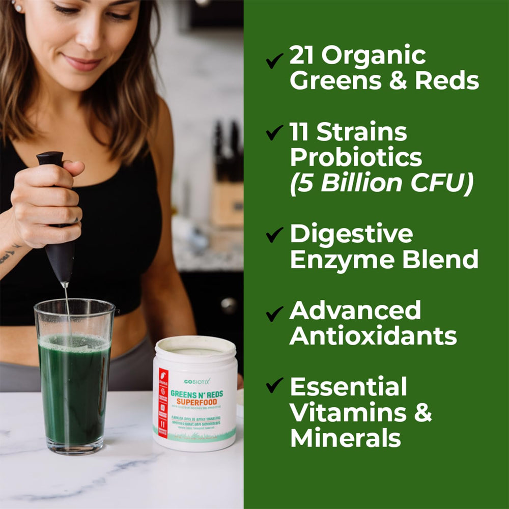 GOBIOTIX Greens Powder organic ingredients label emphasizes clean plant based nutrition.