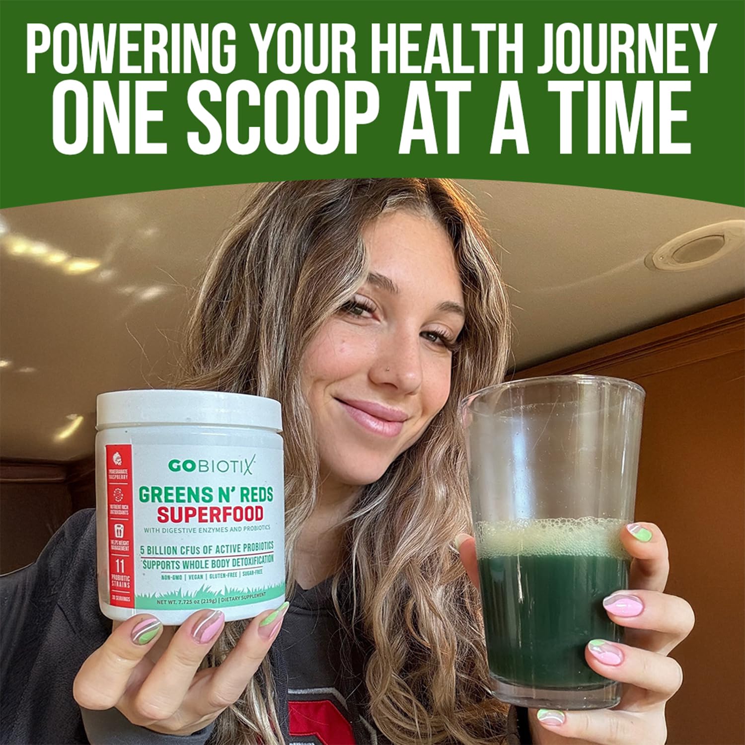 GOBIOTIX Greens Powder packaging indicates 1 month supply and flavor options.