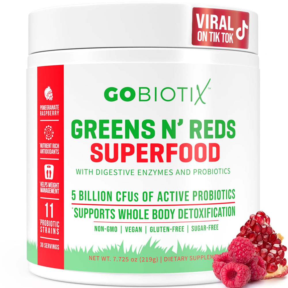 GOBIOTIX Greens Powder Pom Raspberry bottle for convenient daily greens and reds.