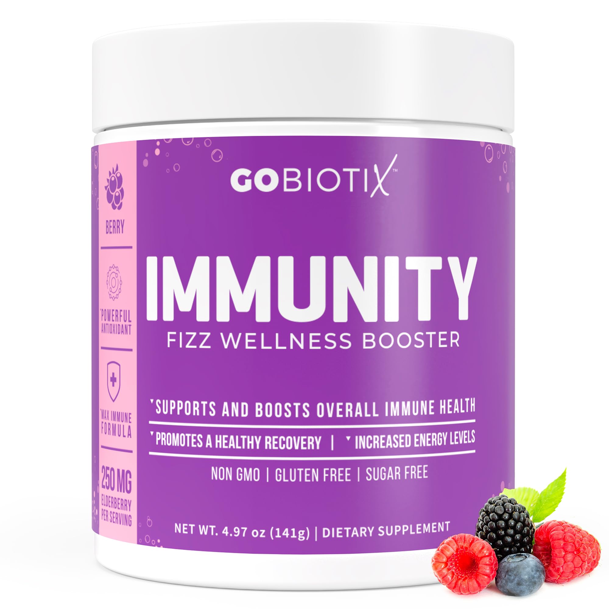 GoBiotix Immunity Fizz Berry bottle for daily immune support boost.