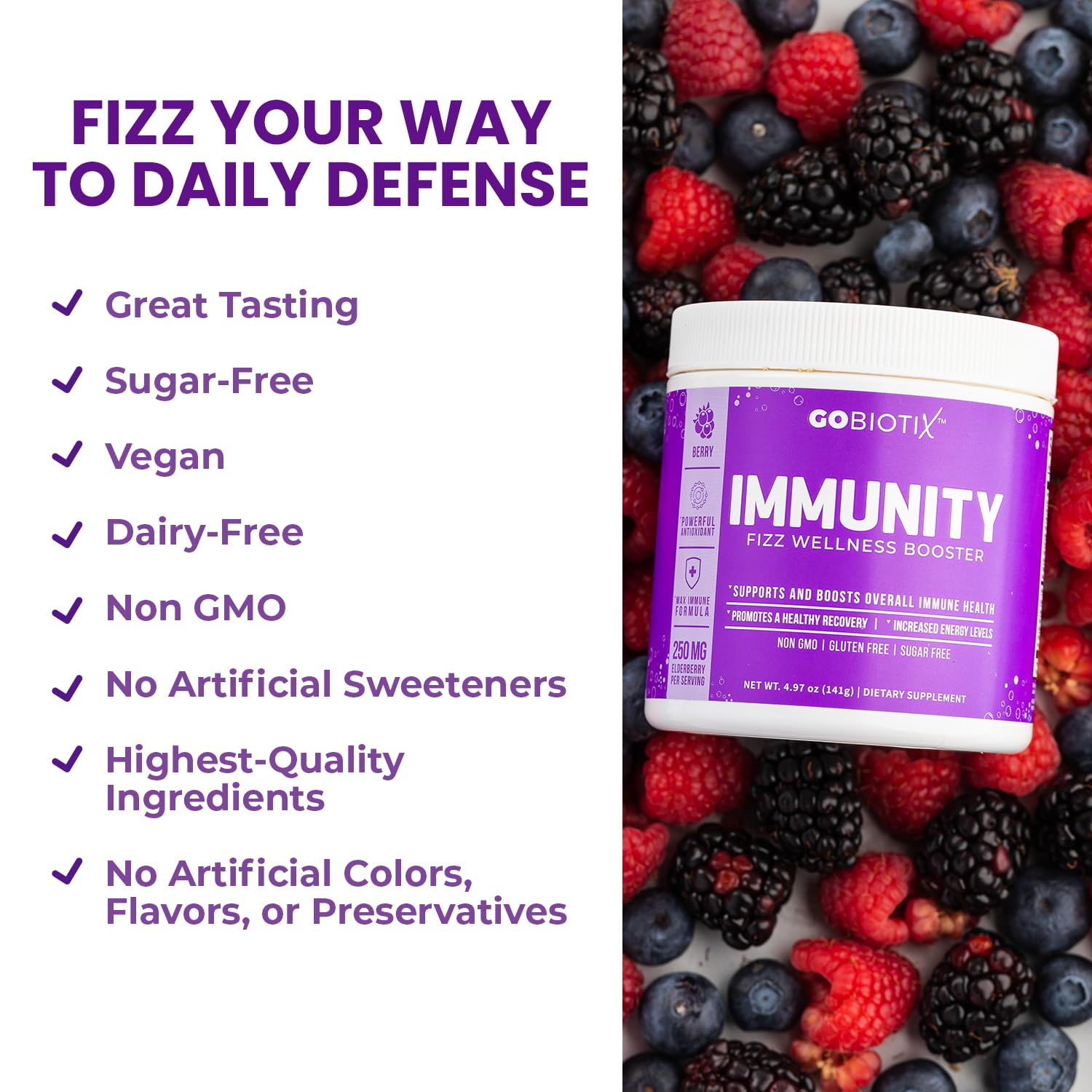 GoBiotix Immunity Fizz with elderberry and turmeric visuals signaling antioxidant-rich options.