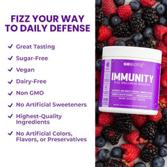 GoBiotix Immunity Fizz with elderberry and turmeric visuals signaling antioxidant-rich options.