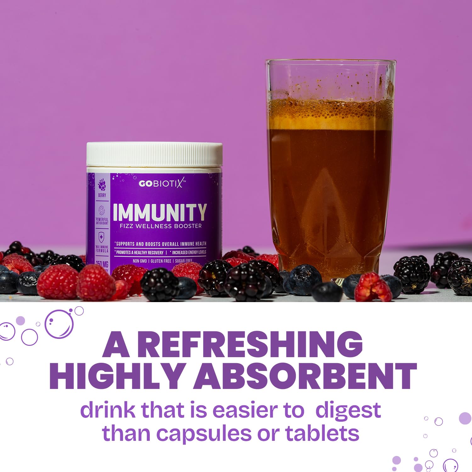 GoBiotix Immunity Fizz USA facility badge emphasizes quality and purity.