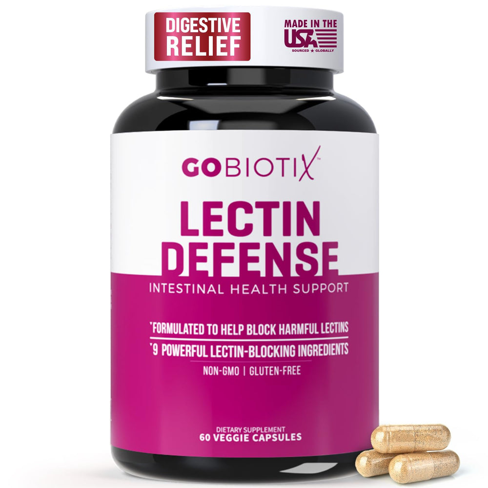 GOBIOTIX Lectin Defense bottle label highlighting gluten-free and non-GMO formula for digestion support.