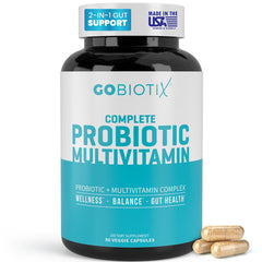 GOBIOTIX multivitamin bottle showing 90 capsules for daily probiotic support