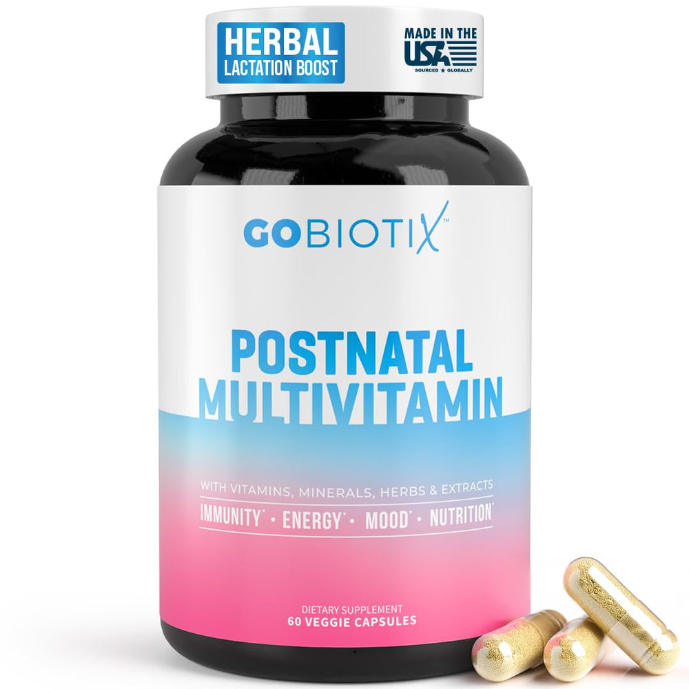 GOBIOTIX postpartum vitamins bottle supports daily nutrition for breastfeeding moms.
