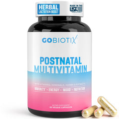 GOBIOTIX postpartum vitamins bottle supports daily nutrition for breastfeeding moms.