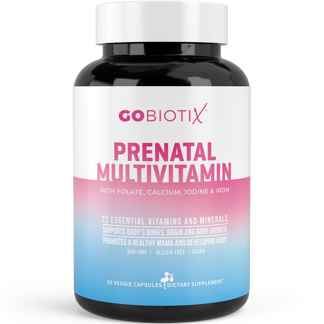 GOBIOTIX prenatal bottle front view for daily pregnancy support with iron and folic acid.