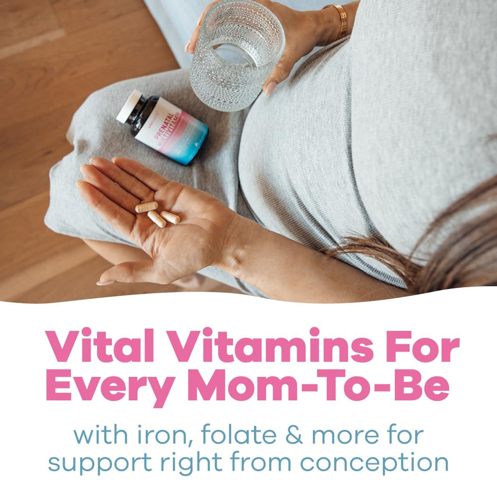 GOBIOTIX prenatal glass of water beside bottle for hydration and routine.