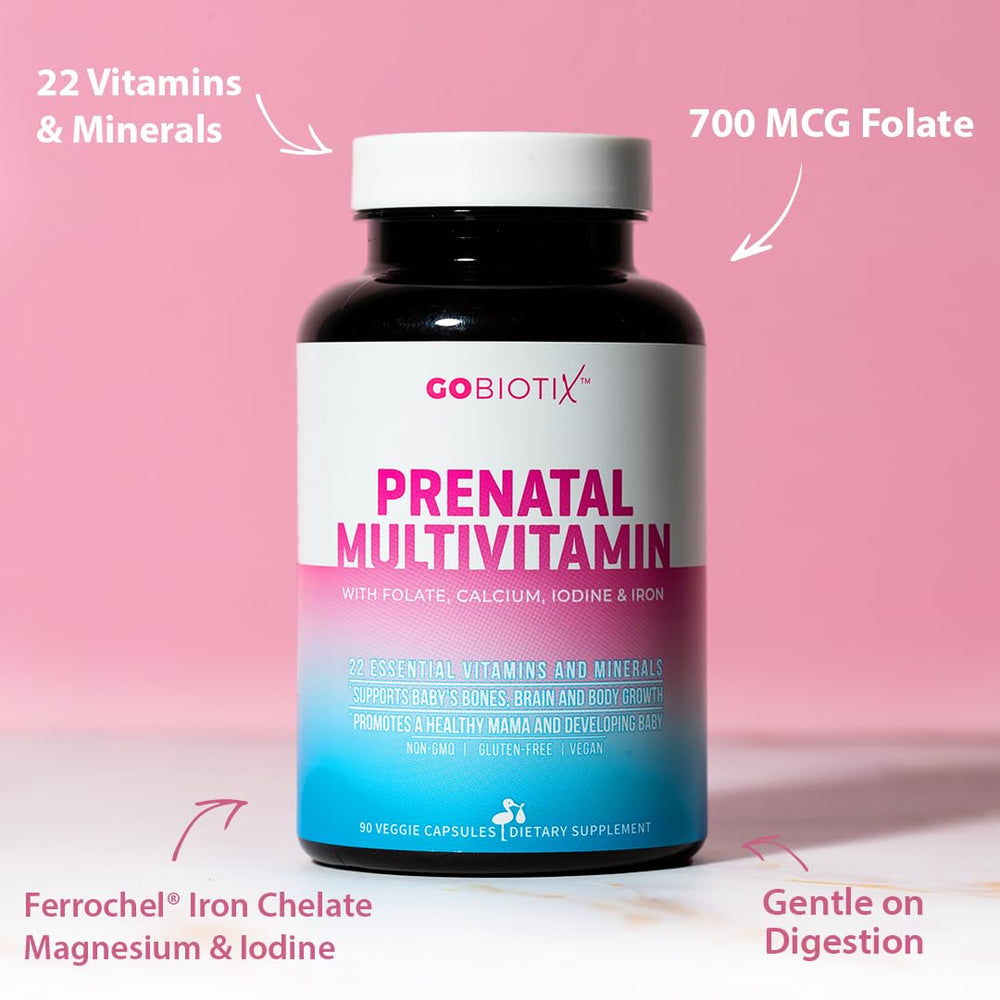 GOBIOTIX prenatal pills inside bottle ready for daily nutrition.