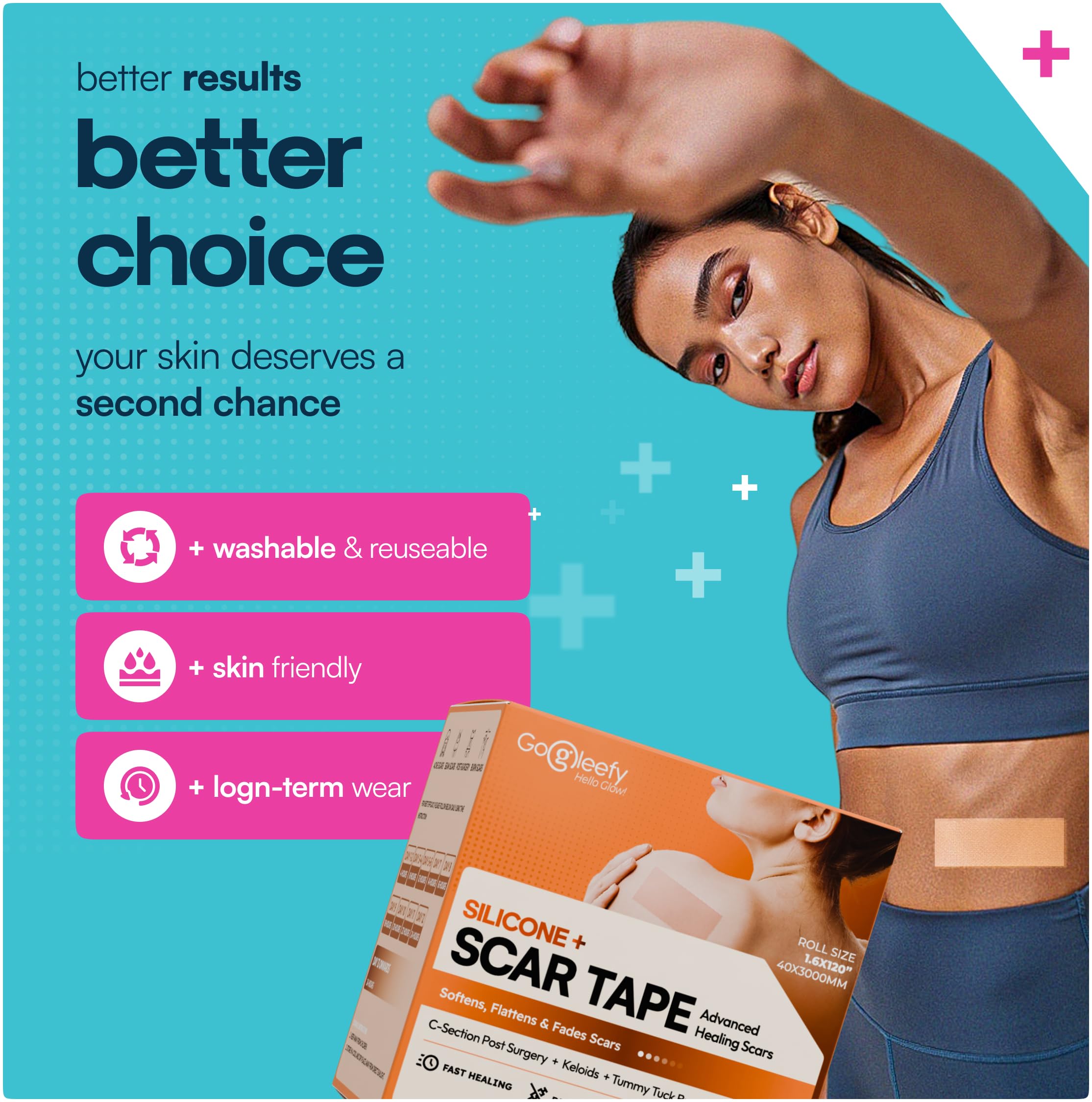 GoGleefy silicone scar tape covering a larger area for extensive scar management.