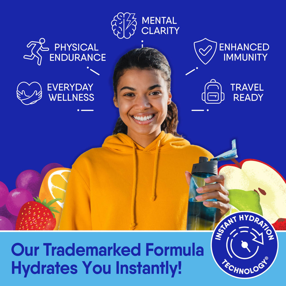 Glass of water with GoHydrate packet dissolving for quick hydration.