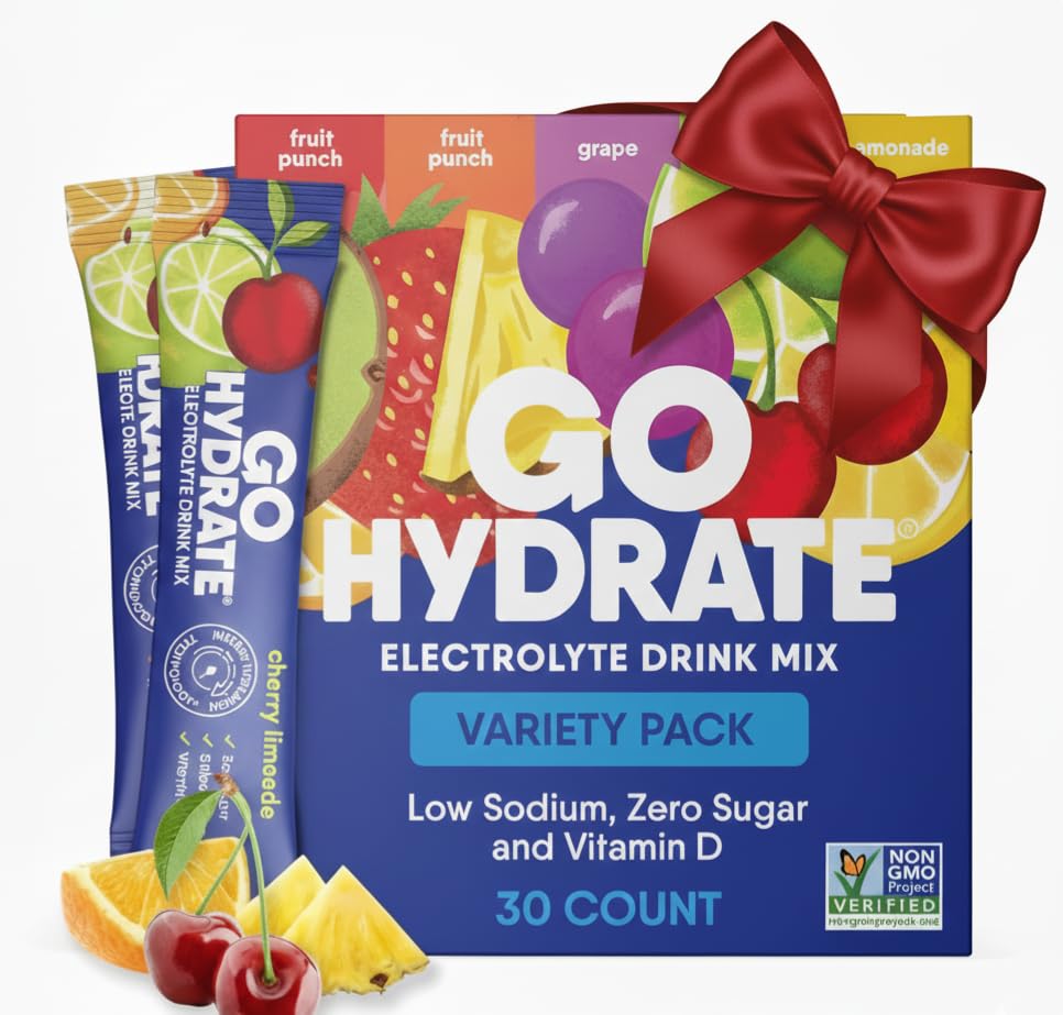 GoHydrate variety pack box front with 30 single-serve packets for on-the-go hydration.