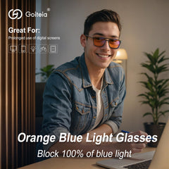 Goiteia amber-tint lenses filter blue light to reduce eye fatigue.