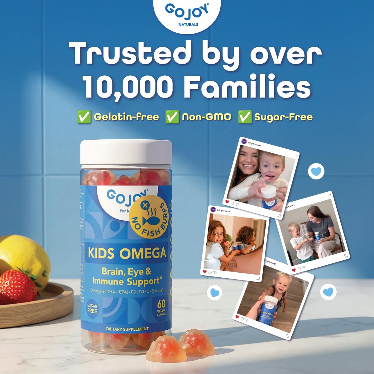 GOJOY Kids Omega-3 label closeup highlighting DHA and EPA from algae.