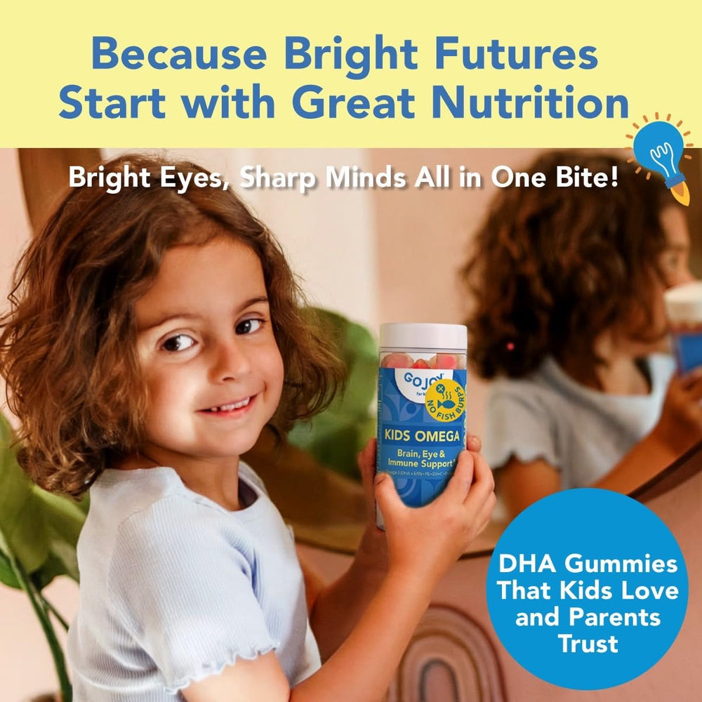 GOJOY Kids Omega-3 DHA Gummies serving on a plate illustrating bite-sized vegan nutrition.