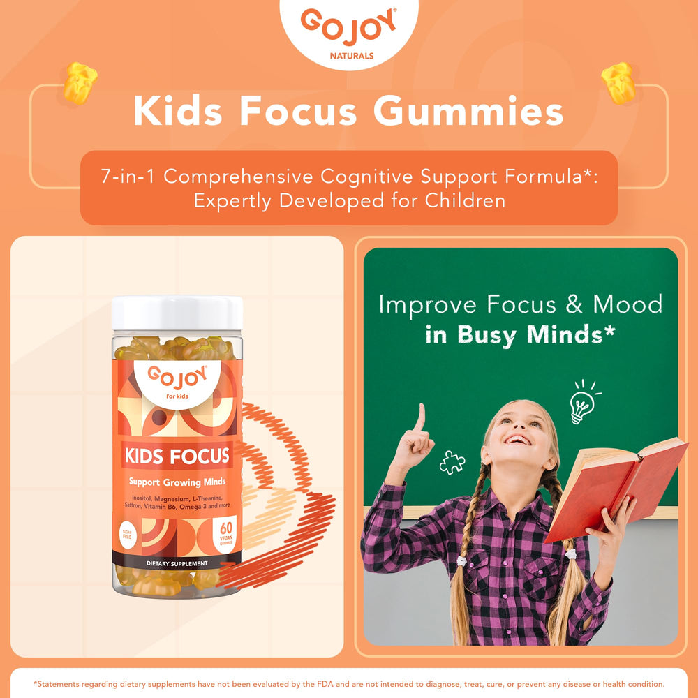 GOJOY NATURALS Kids Focus Gummies close-up highlighting chewy texture.