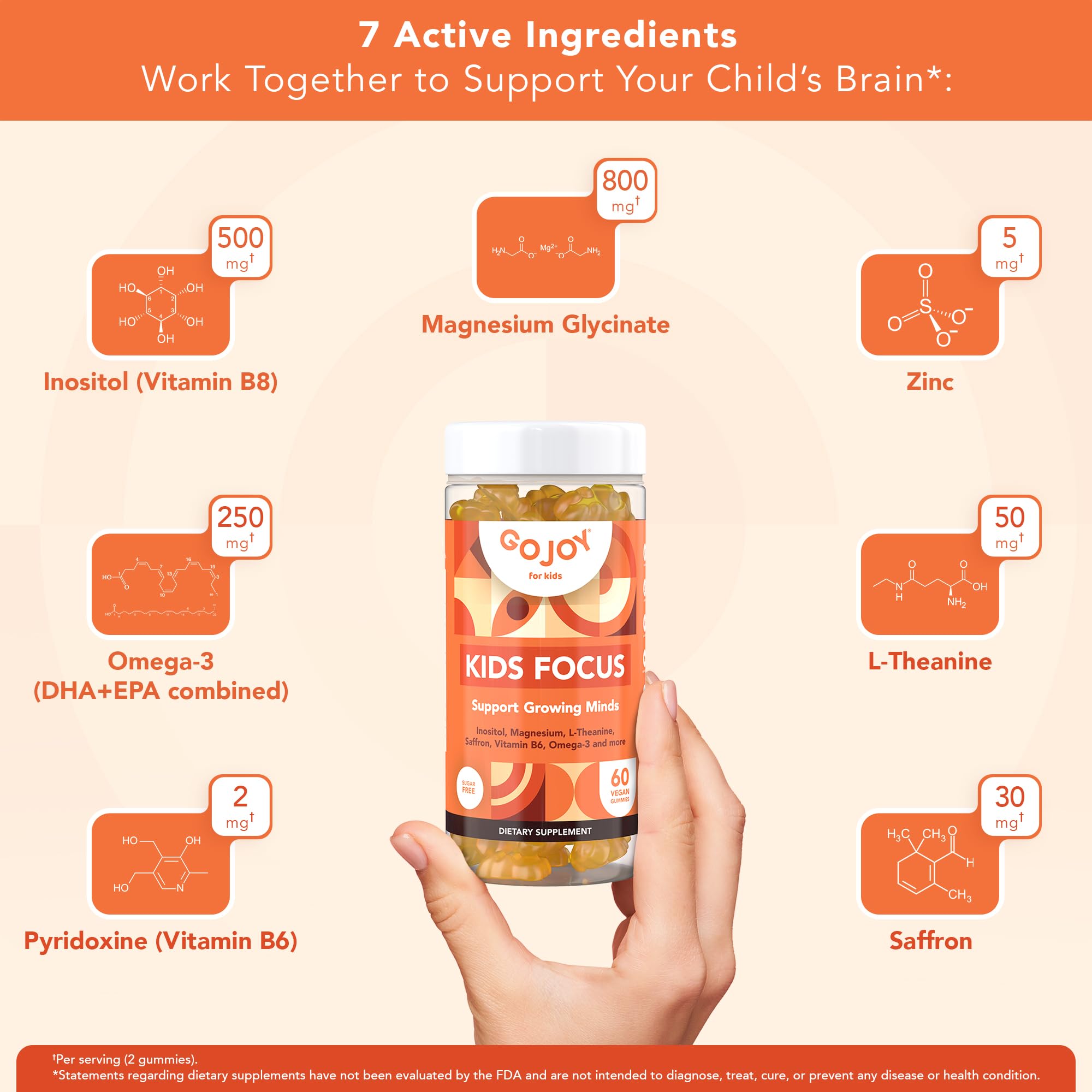 GOJOY NATURALS ingredients shot shows saffron, magnesium glycinate, and L-theanine.