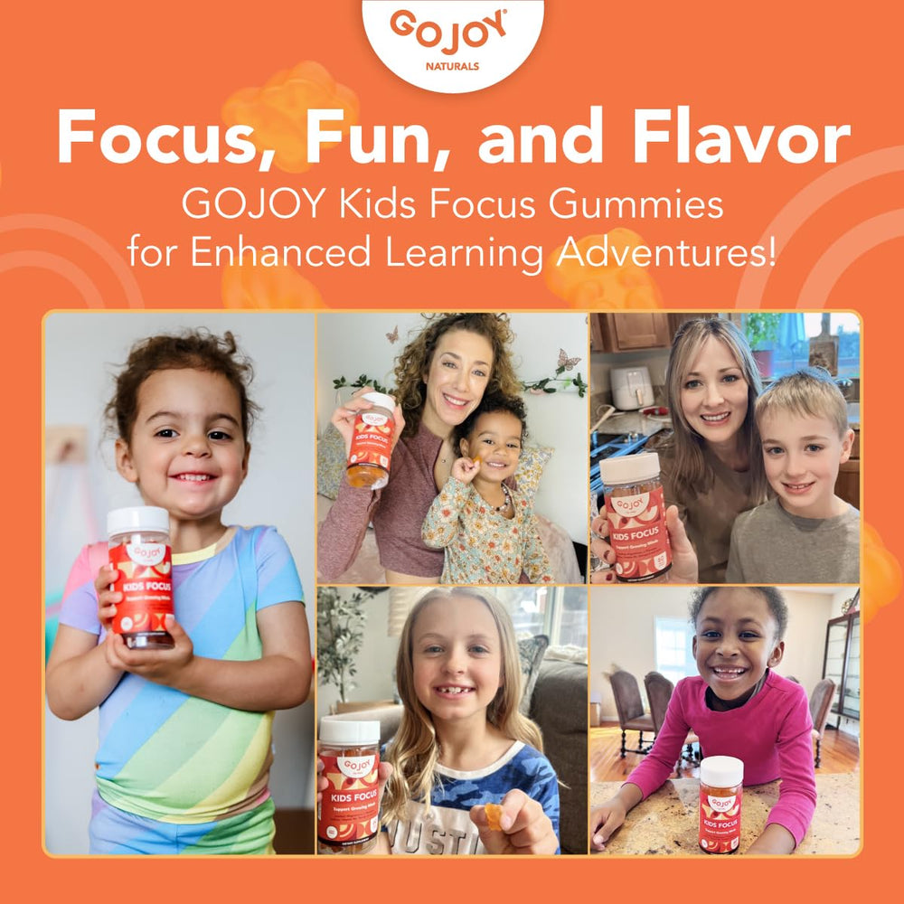 GOJOY NATURALS Kids Focus Gummies orange flavor suggests tasty, sugar-free daytime focus.