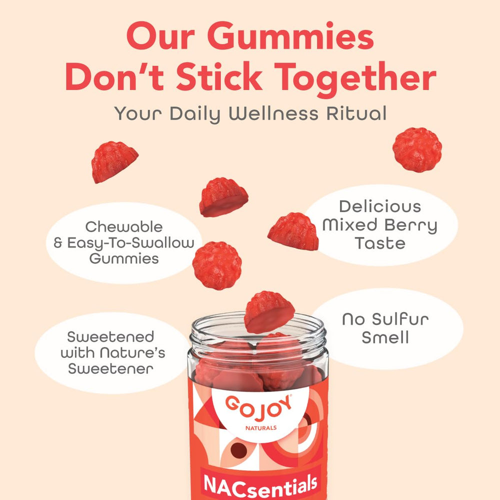Cherry-colored GOJOY NACsentials gummies suggest natural flavor and monk fruit sweetness