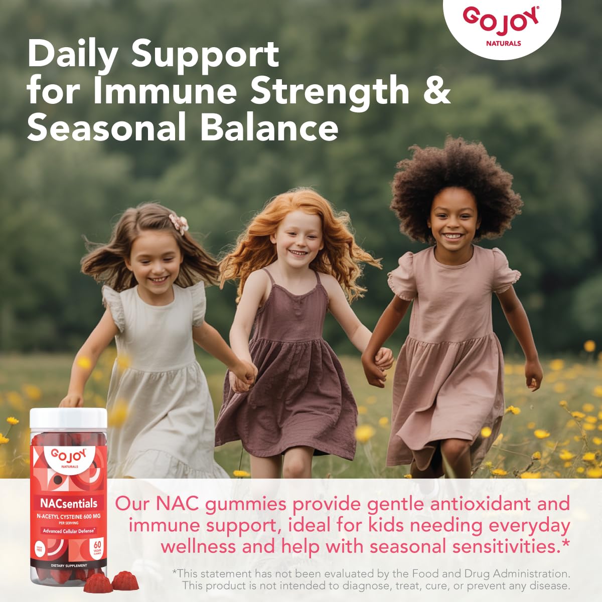 Close-up of GOJOY NACsentials label highlighting NAC and vitamins for immune and liver wellness