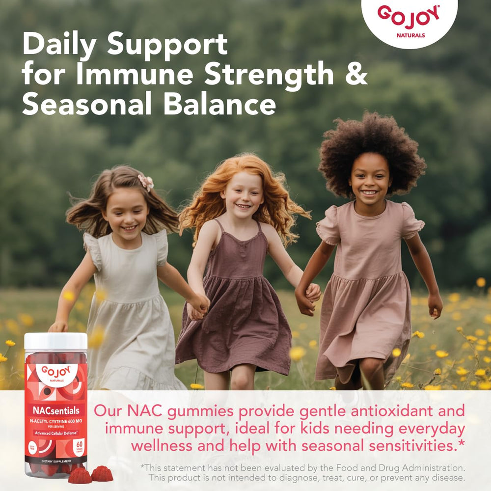 Close-up of GOJOY NACsentials label highlighting NAC and vitamins for immune and liver wellness