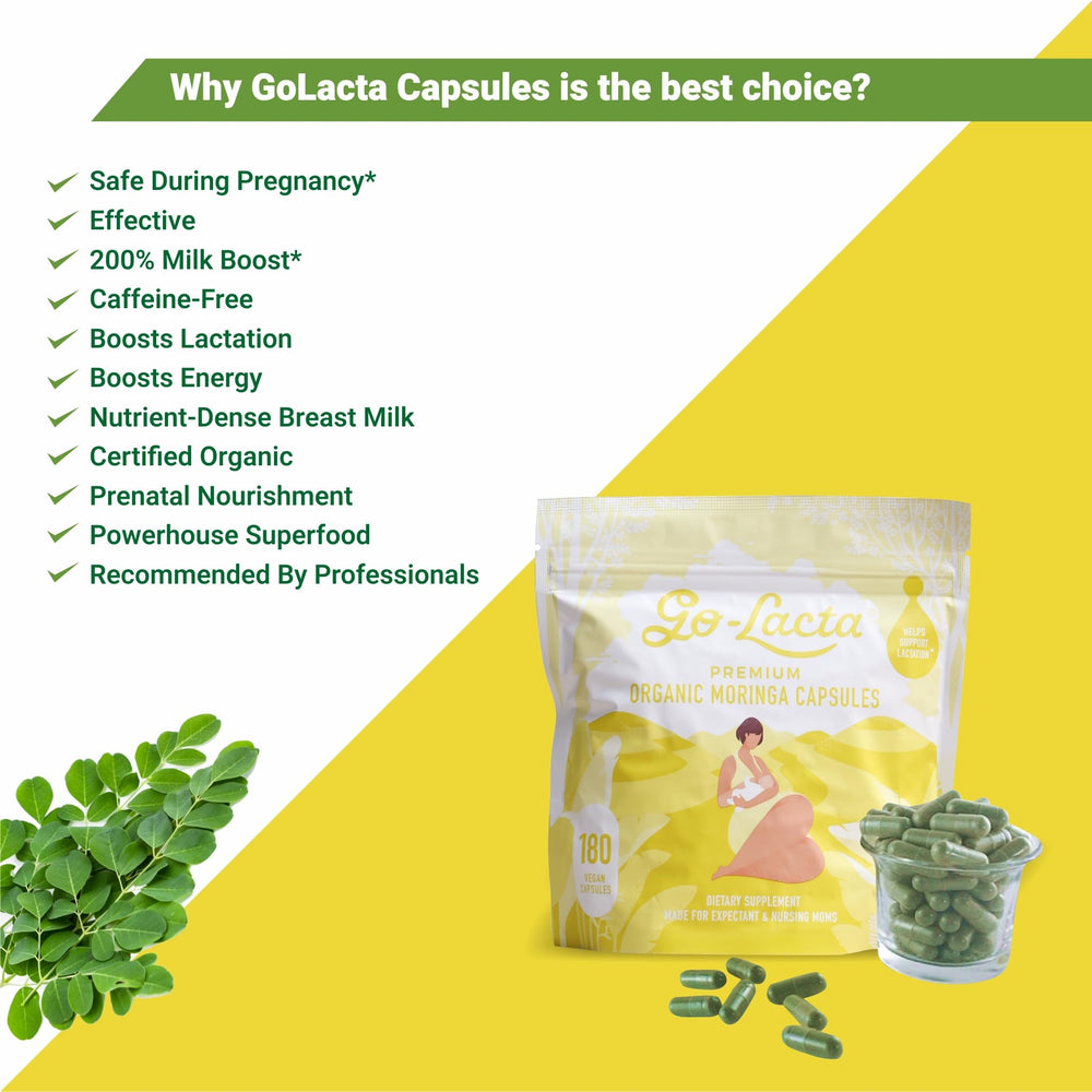 Go-Lacta bottle with dosage guidance for pre and postnatal care.