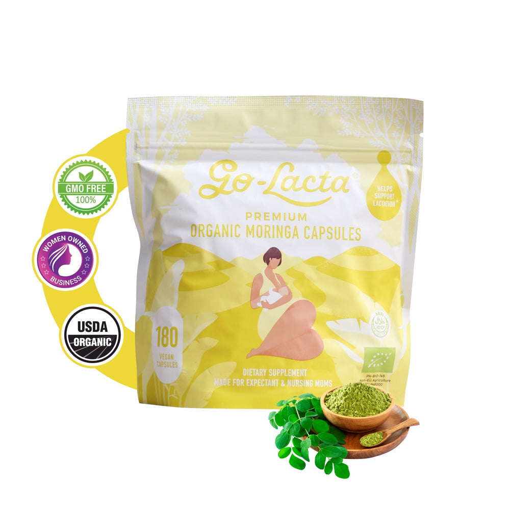 Go-Lacta moringa capsules bottle for daily breastfeeding support.