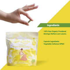 Go-Lacta packaging highlights organic moringa capsules for new moms.