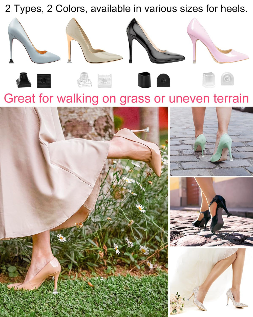 Golbylicc outdoor-friendly heel caps ideal for weddings and garden events.