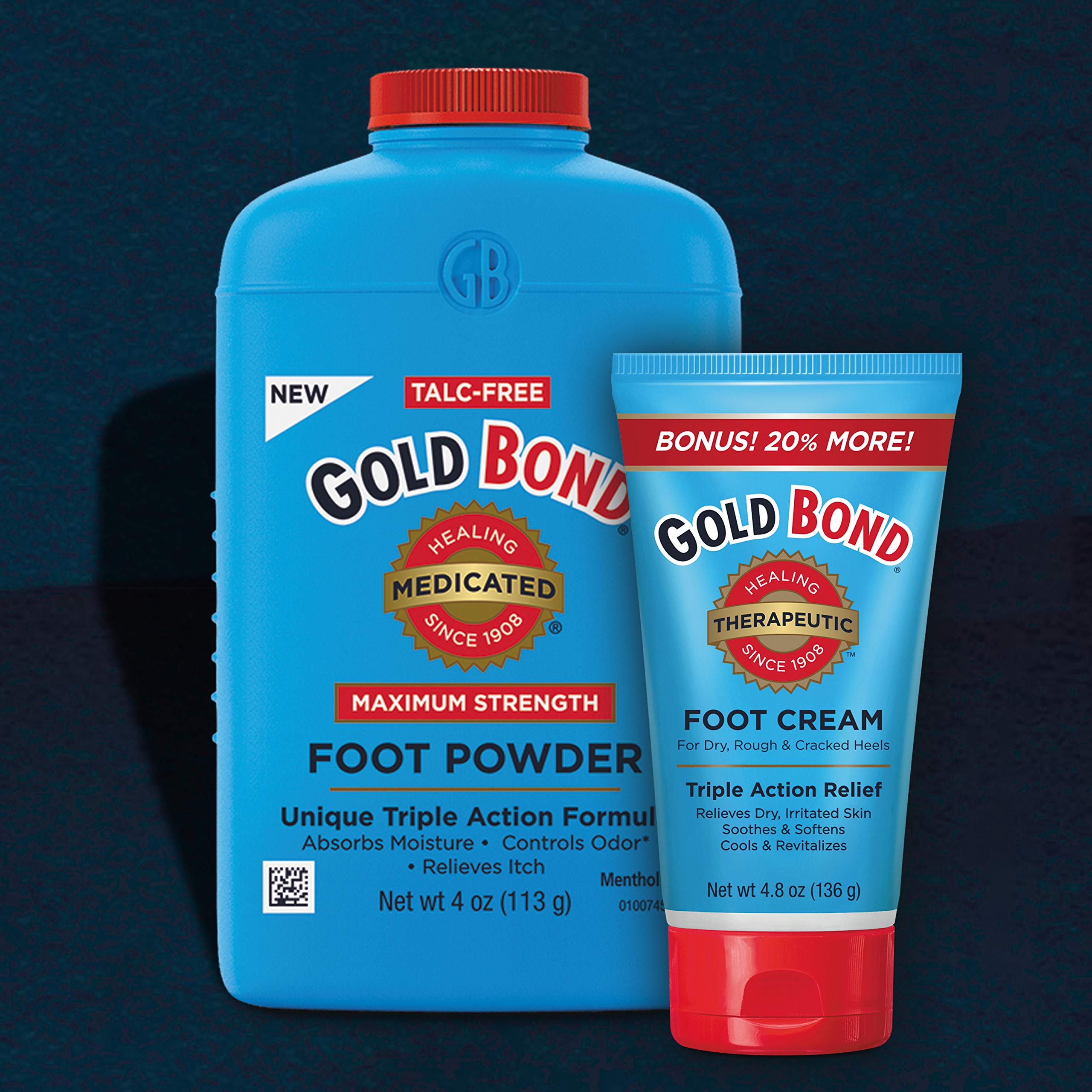 Gold Bond Medicated Foot Powder bottle, 4 oz size featured.