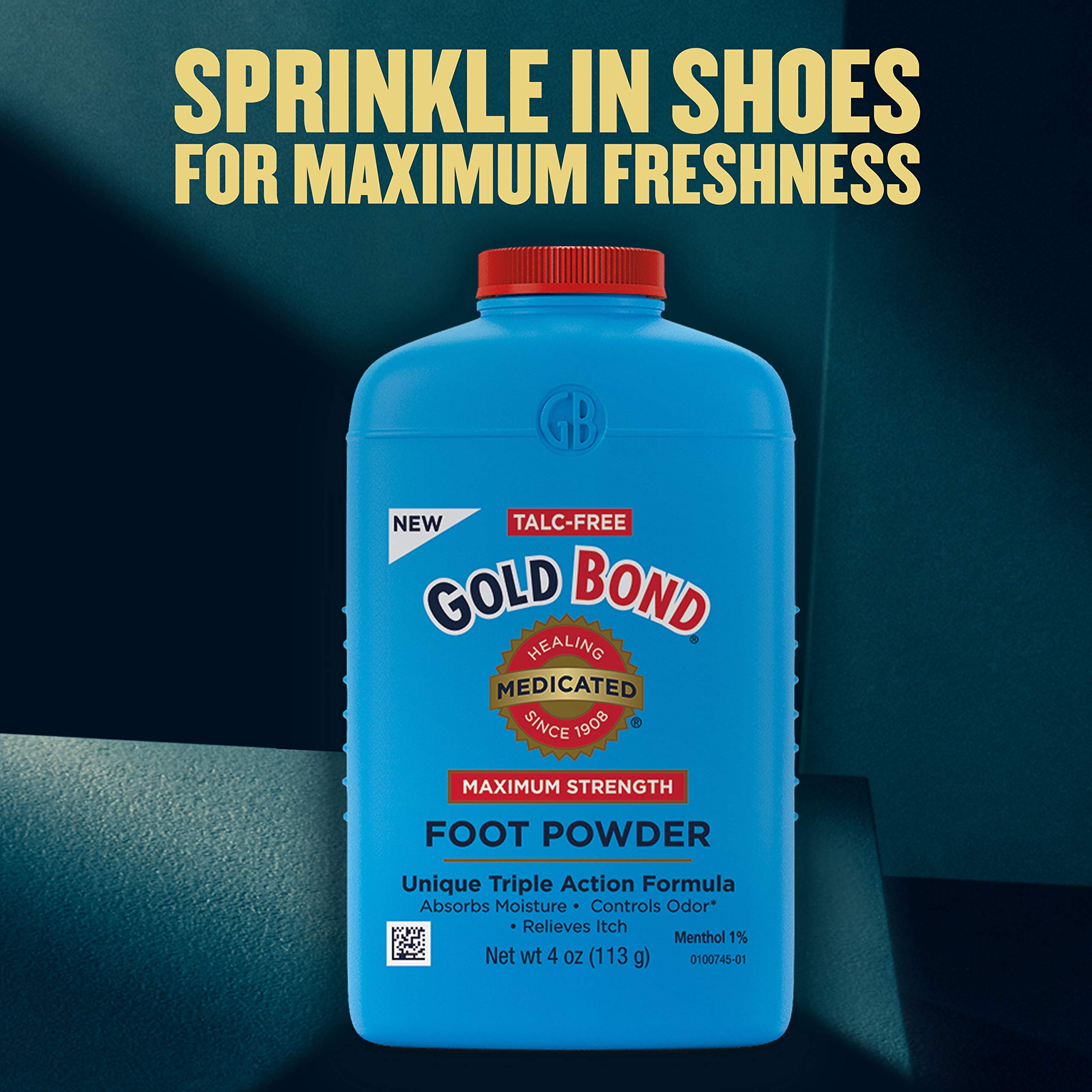 Gold Bond Medicated Foot Powder close-up showing cooling sensation on skin.